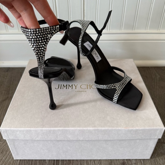 JIMMY CHOO Women's Ixia Embellished High Heel Sandals Rhinestone Black - Picture 7 of 14